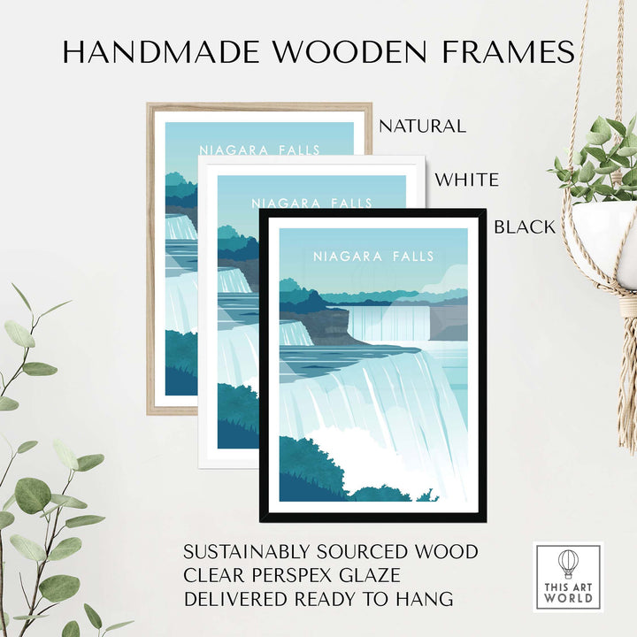 Niagara Falls Print Wall Art in handmade wooden frames, featuring natural, white, and black options, eco-friendly and ready to hang.