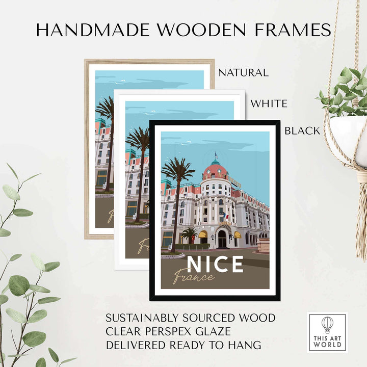 Handmade wooden frames for Nice France print poster, available in natural, white, and black finishes.