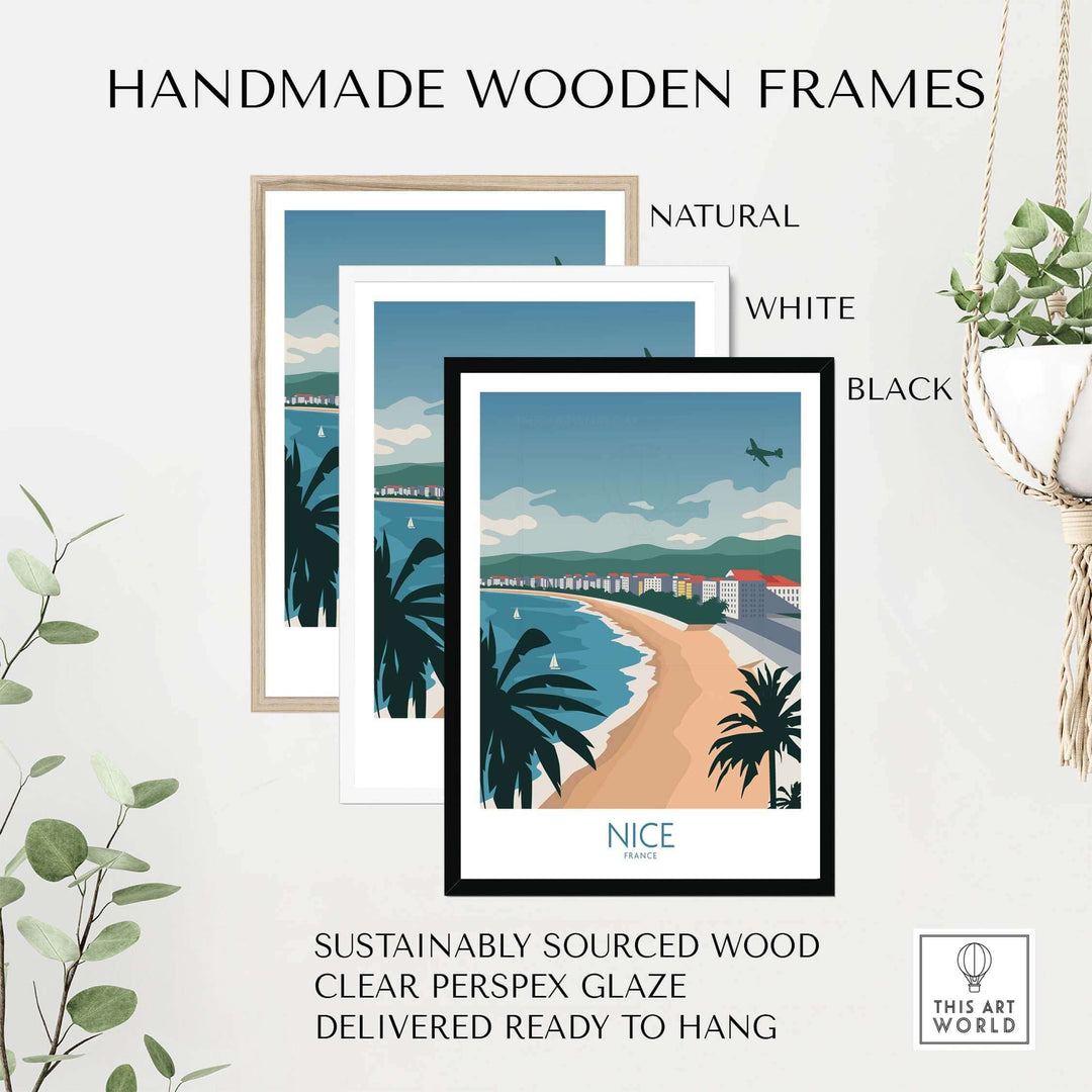 Handmade wooden frames in natural, white, and black showcasing Nice France travel poster with beach view.