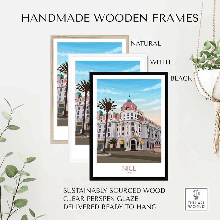 Handmade wooden frames in natural, white, and black for Nice France Travel Print, featuring a stylish vintage design.