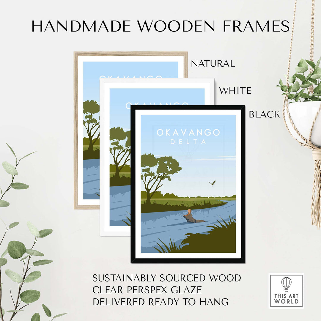 Handmade wooden frames for Okavango print in natural, white, and black colors, sustainably sourced and ready to hang.