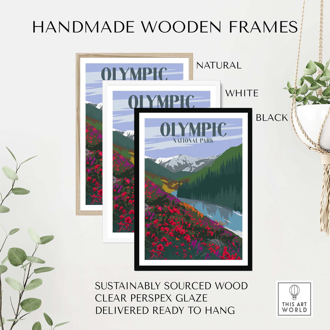 Handmade wooden frames for Olympic National Park poster in natural, white, and black finishes, sustainably sourced.
