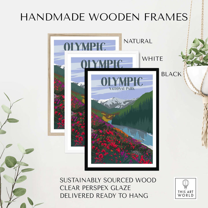 Handmade wooden frames for Olympic National Park poster in natural, white, and black finishes, sustainably sourced.