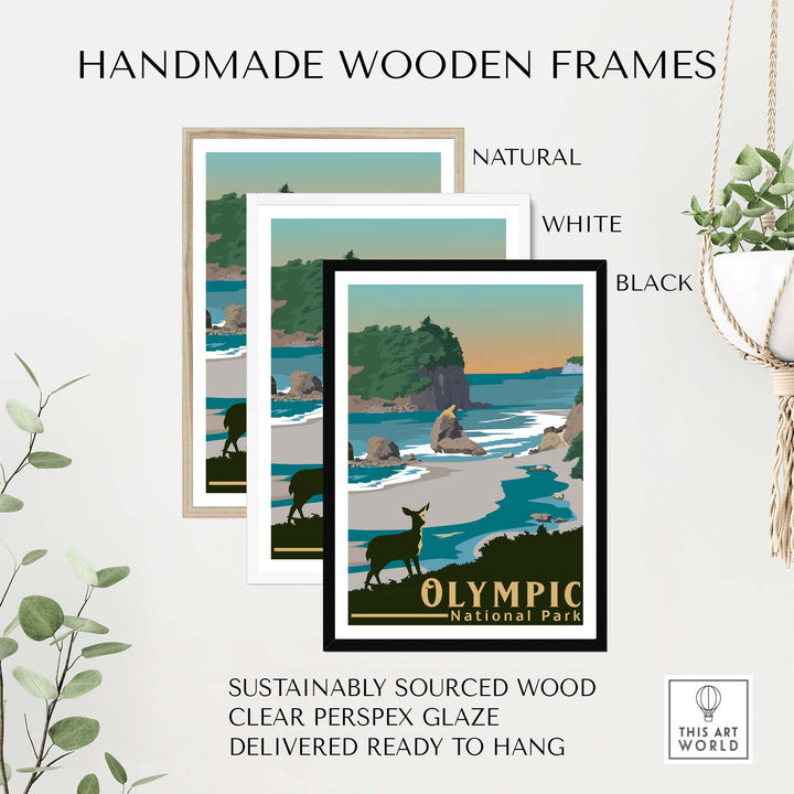 Handmade wooden frames for Olympic National Park Print in natural, white, and black options, made from sustainably sourced wood.