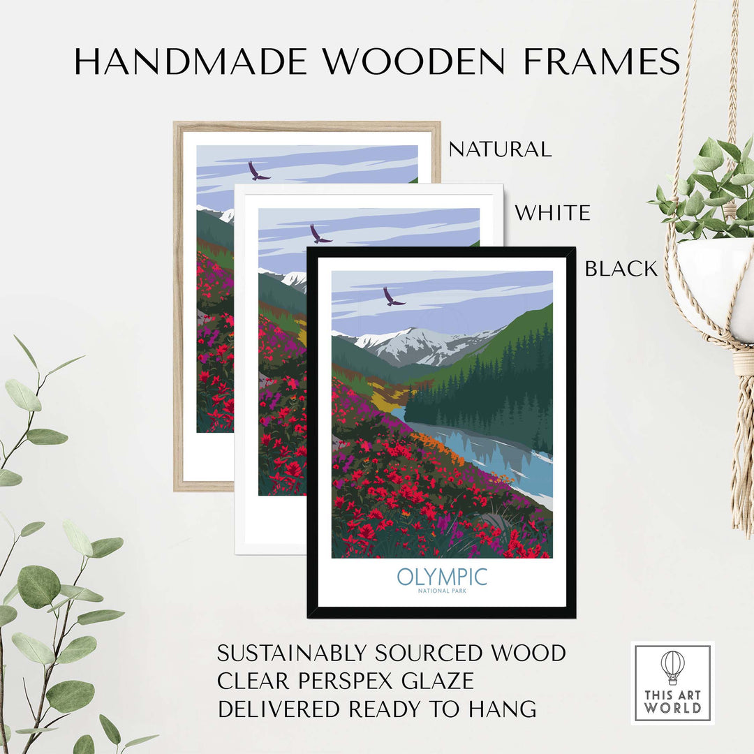 Handmade wooden frames in natural, white, and black for Olympic National Park art print, crafted from sustainably sourced materials.