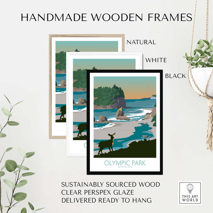 Handmade wooden frames for Olympic National Park wall art in natural, white, and black finishes, sustainably sourced.