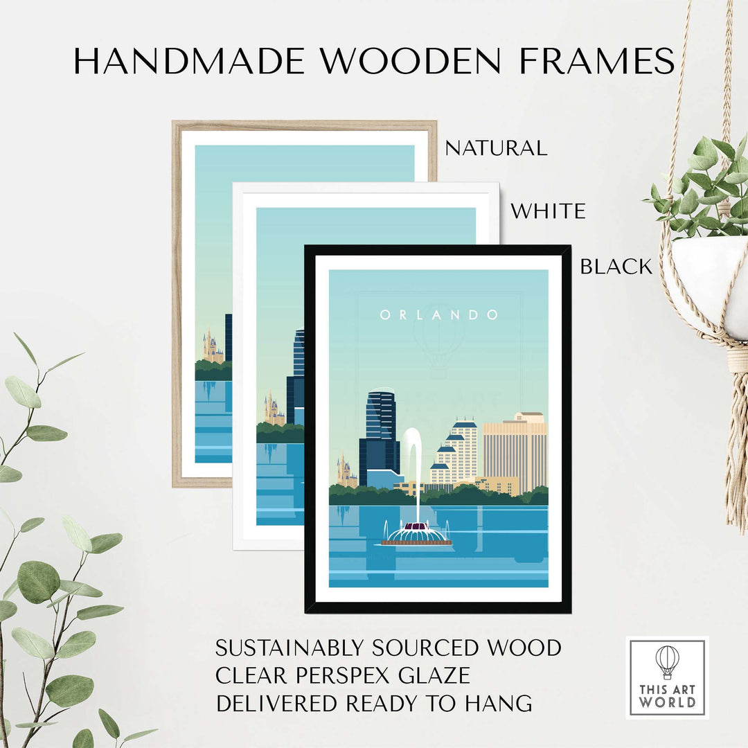 Handmade wooden frames in natural, white, and black showcasing an Orlando travel poster print.