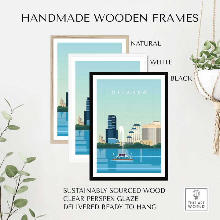 Handmade wooden frames in natural, white, and black showcasing an Orlando travel poster print.