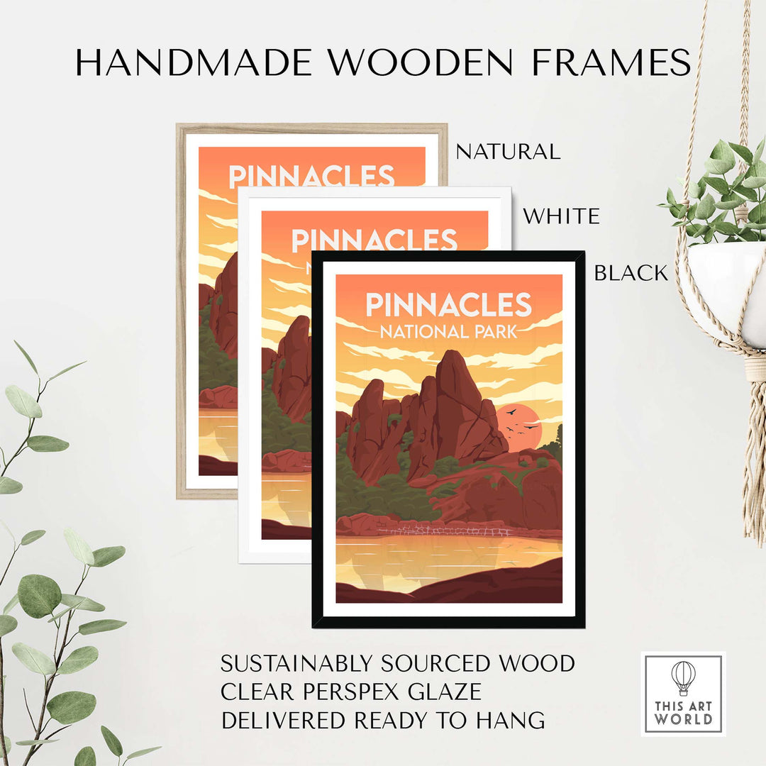 Three handmade wooden frames in natural, white, and black for Pinnacles National Park poster.