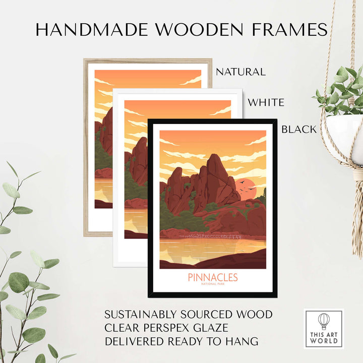 Pinnacles National Park Art Print in handmade wooden frames, showcasing natural, white, and black options for stylish display.