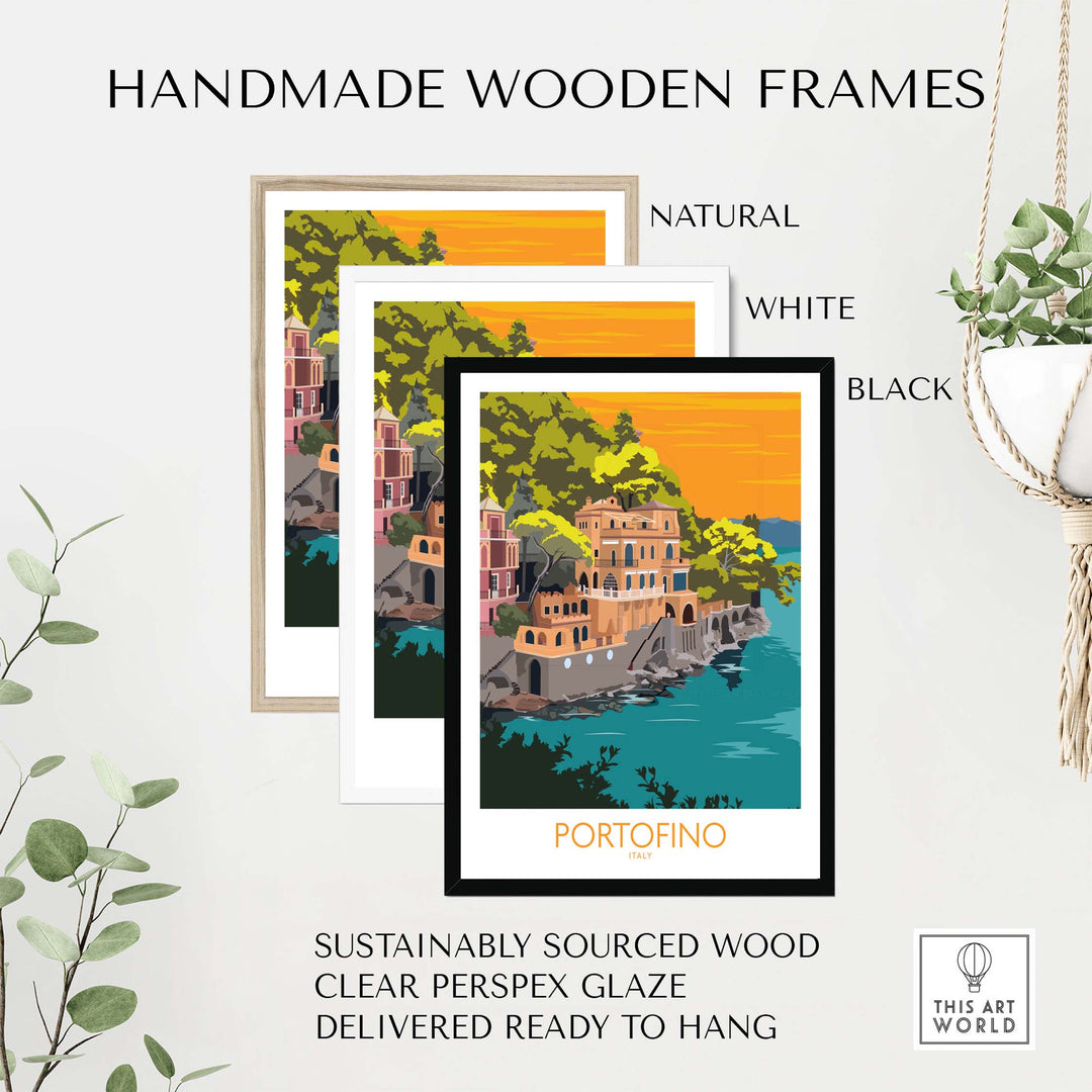 Portofino print travel poster with handmade wooden frames in natural, white, and black finishes.