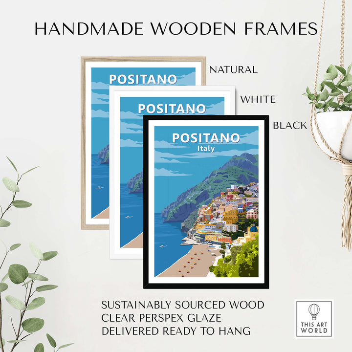 Handmade wooden frames for Positano wall art in natural, white, and black finishes, ready to hang.