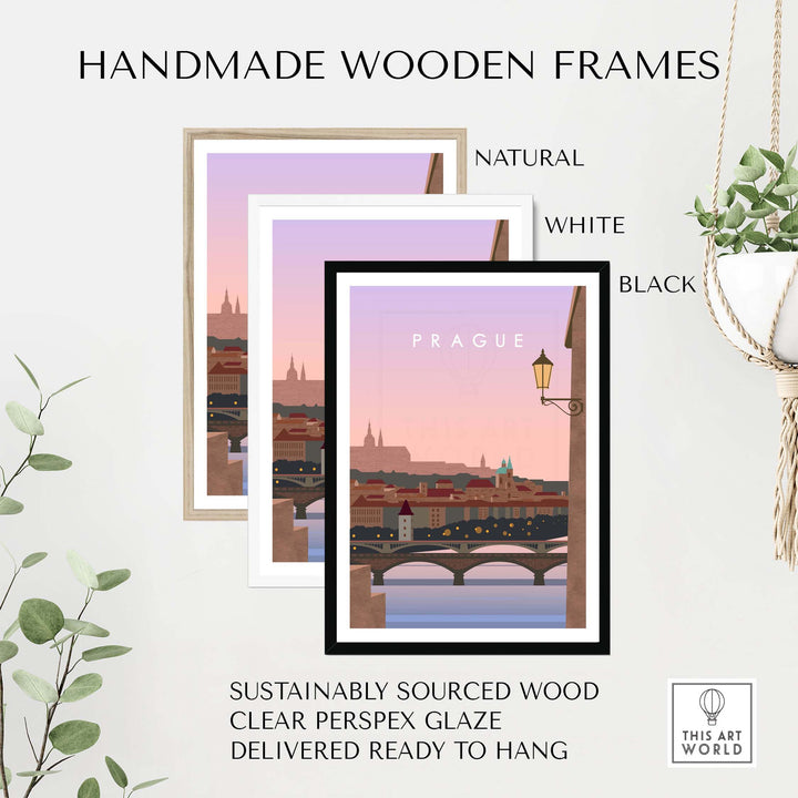 Handmade wooden frames for Prague wall art, available in natural, white, and black finishes, sustainably sourced and ready to hang.