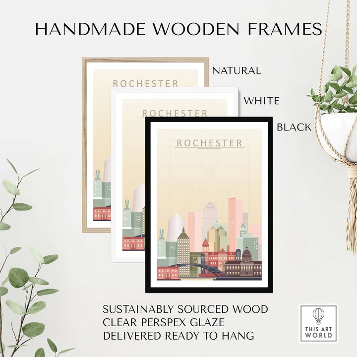 Handmade wooden frames in natural, white, and black for Rochester Skyline Wall Art with sustainably sourced wood.