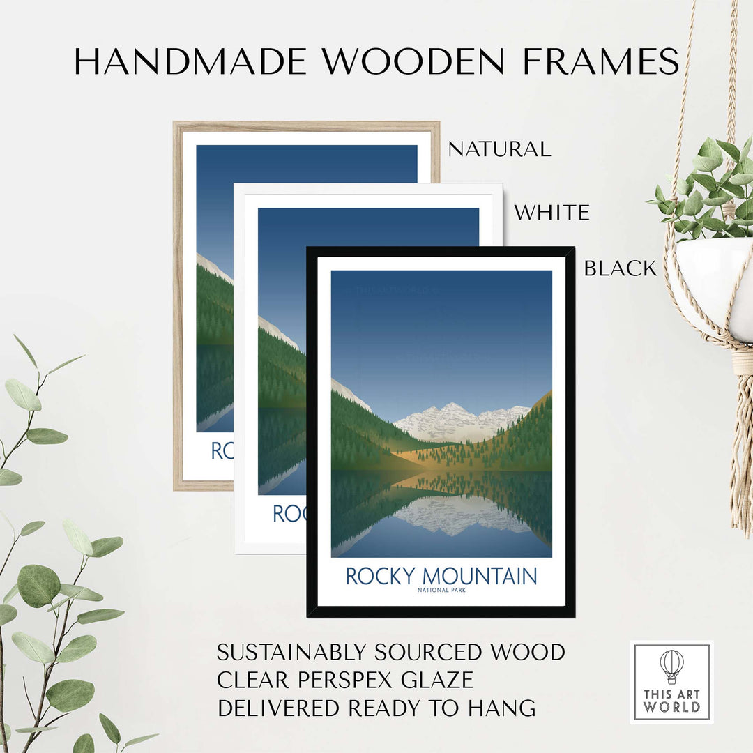 Three handmade wooden frames in natural, white, and black for Rocky Mountain National Park Art Print, ready to hang.