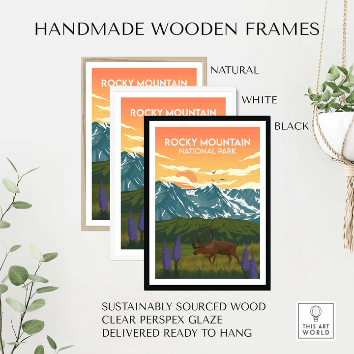 Rocky Mountain National Park Print in handmade wooden frames: natural, white, black. Sustainable and ready to hang.