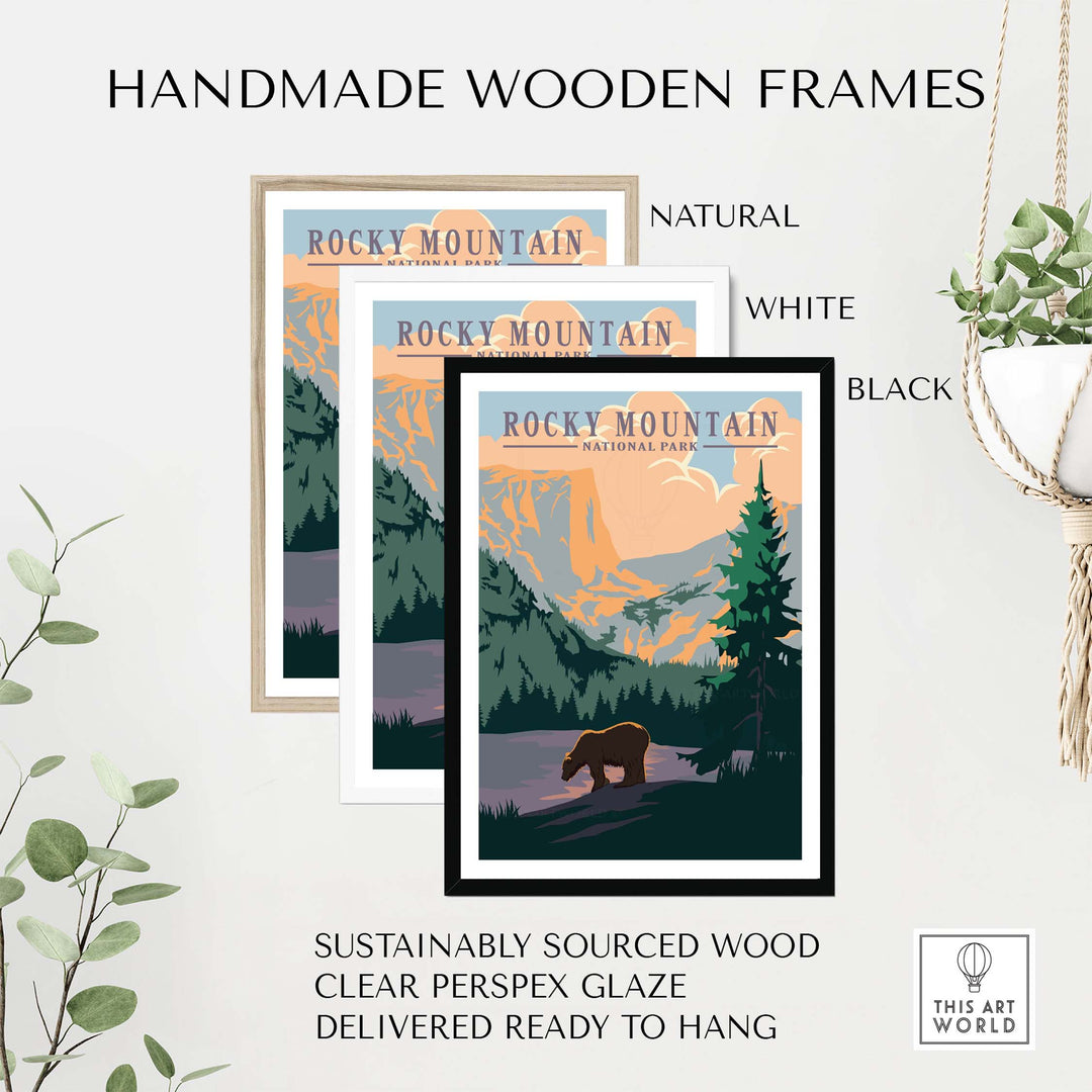 Handmade wooden frames for Rocky Mountains National Park Vintage art prints in natural, white, and black finishes.