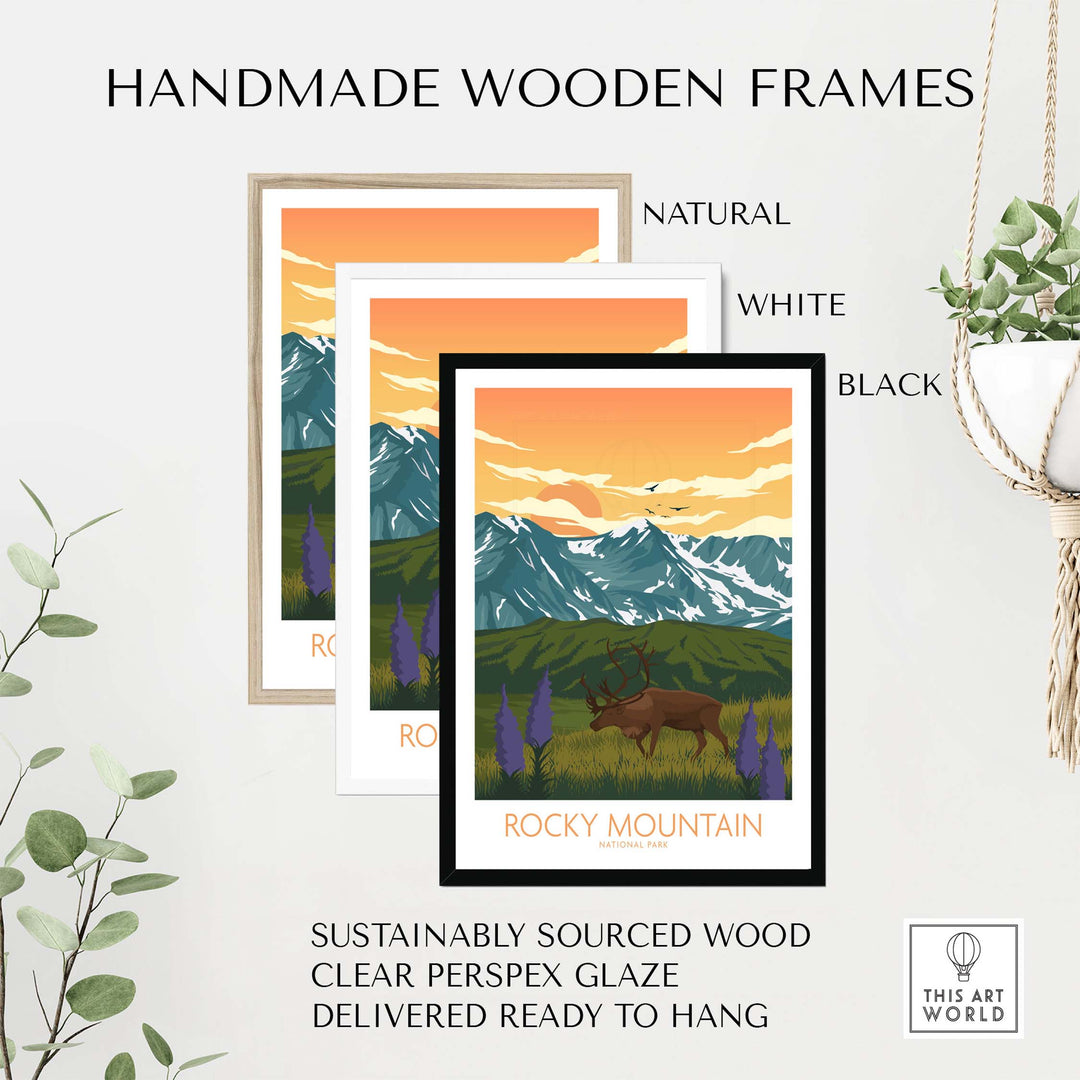 Handmade wooden frames for Rocky Mountain National Park art print in natural, white, and black finishes.