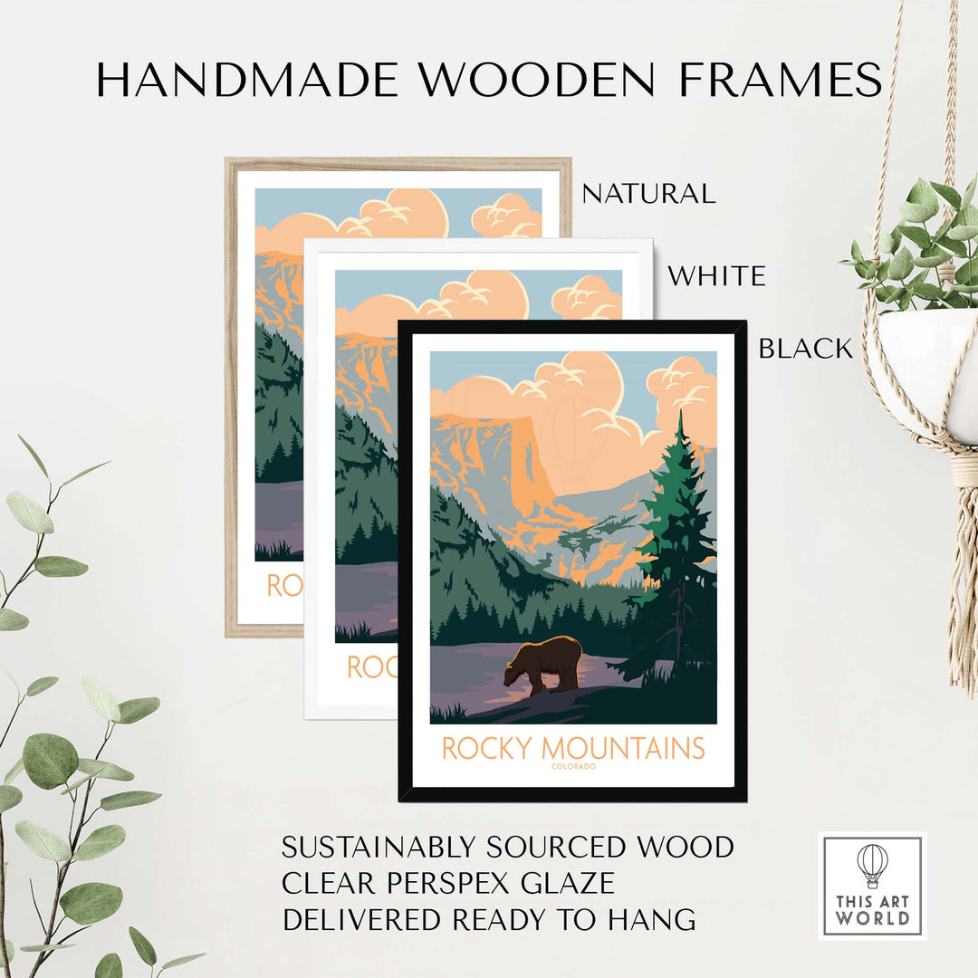Handmade wooden frames for Rocky Mountains Colorado poster in natural, white, and black finishes.