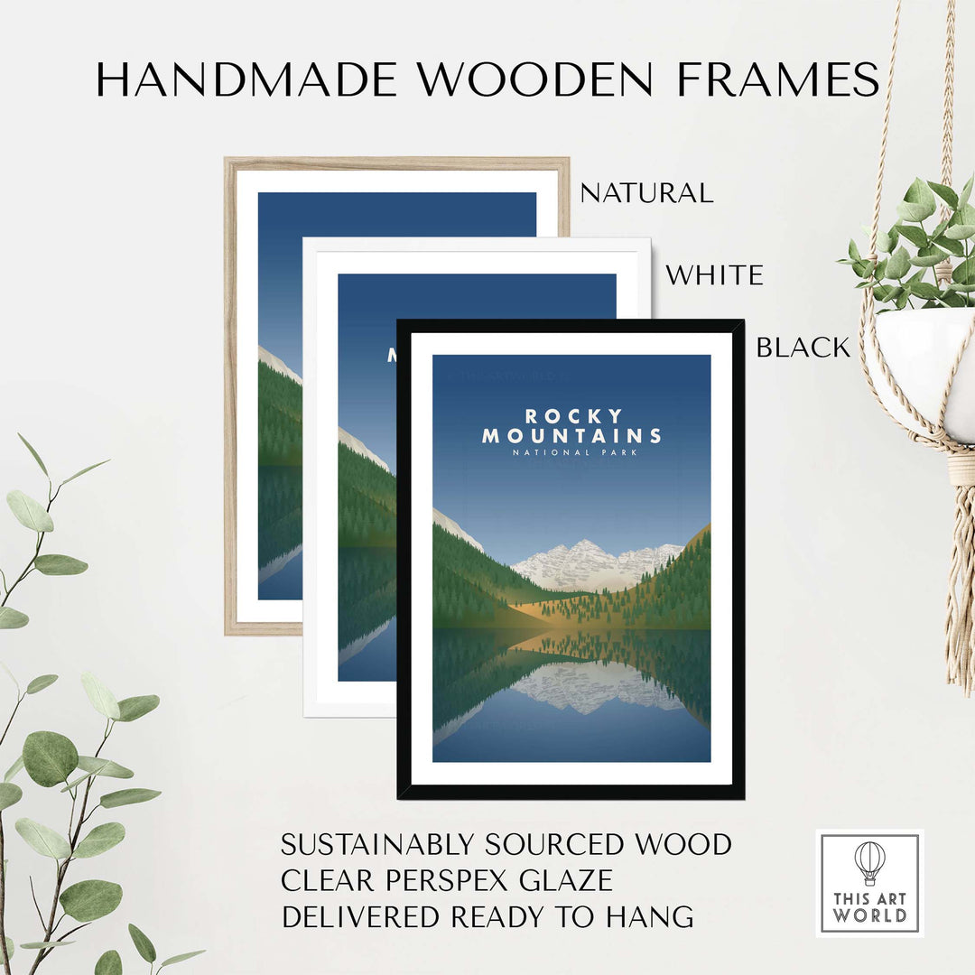 Handmade wooden frames in natural, white, and black for Rocky Mountains National Park art, ready to hang.