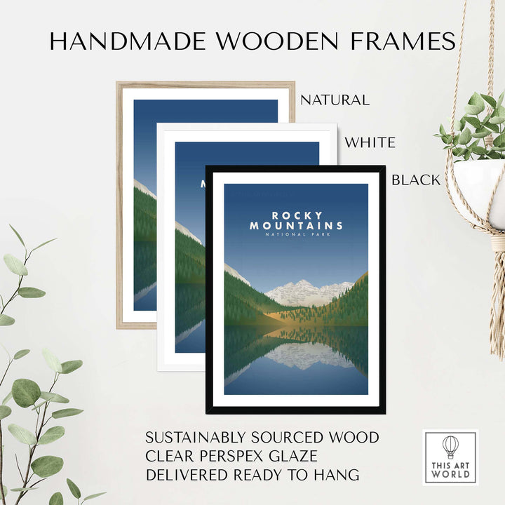 Handmade wooden frames in natural, white, and black for Rocky Mountains National Park art, ready to hang.