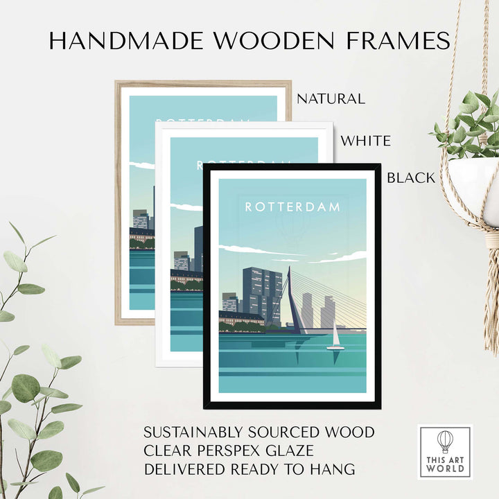 Handmade wooden frames in natural, white, and black for Rotterdam Print Wall Art, sustainably sourced and ready to hang.