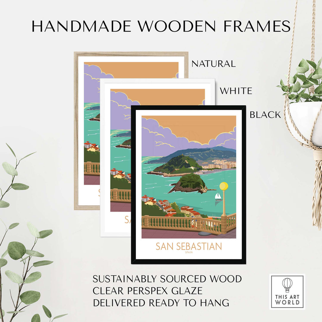 Handmade wooden frames in natural, white, and black for San Sebastian poster print, sustainably sourced and ready to hang.