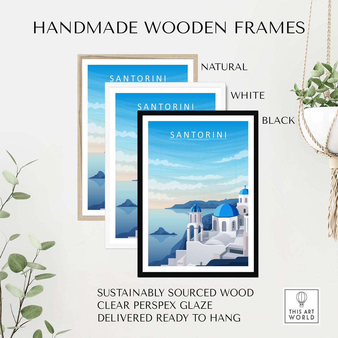 Handmade wooden frames for Santorini print art in natural, white, and black finishes, ready to hang.