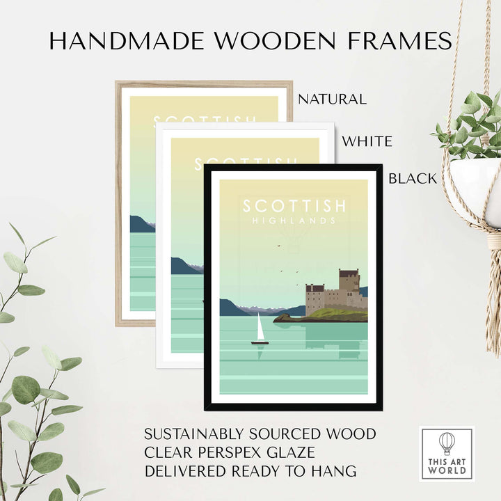 Handmade wooden frames in natural, white, and black for Scottish Highlands print wall art, sustainably sourced and ready to hang.