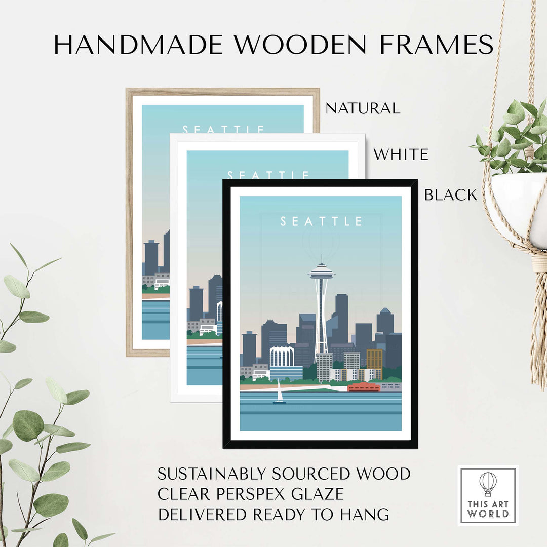 Handmade wooden frames for Seattle travel art poster, available in natural, white, and black finishes.