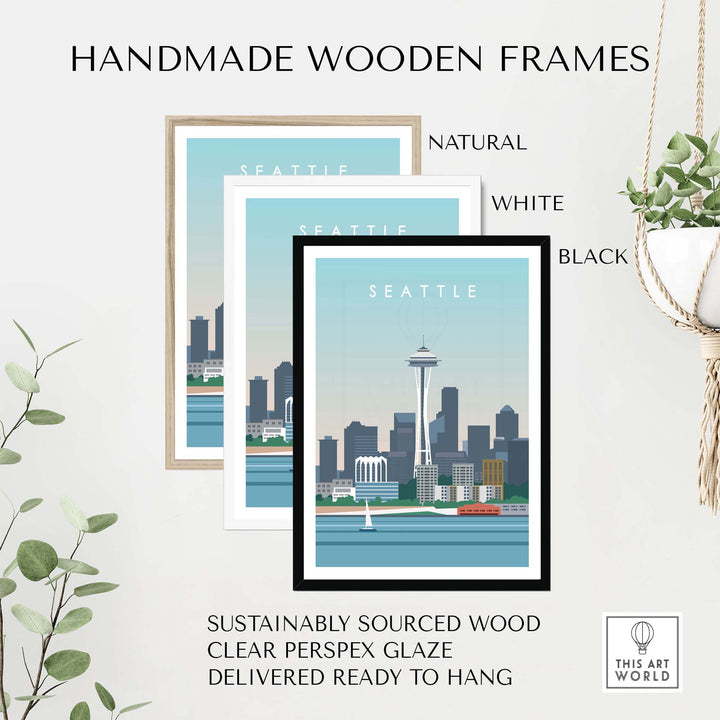 Handmade wooden frames for Seattle travel art poster, available in natural, white, and black finishes.