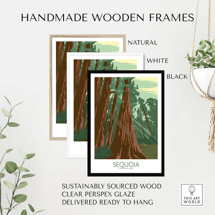 Handmade wooden frames in natural, white, and black for Sequoia National Park poster print.