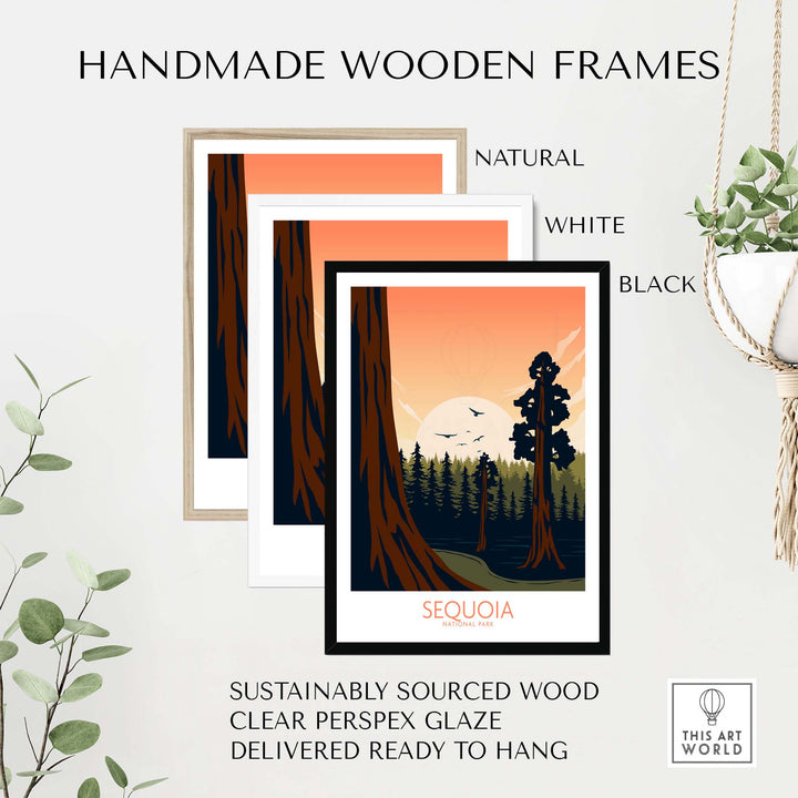 Sequoia National Park art prints in handmade wooden frames, available in natural, white, and black finishes.