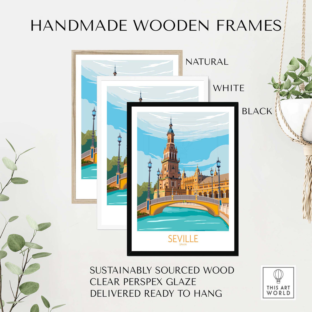 Handmade wooden frames in natural, white, and black for Seville travel art print, sustainably sourced and ready to hang.