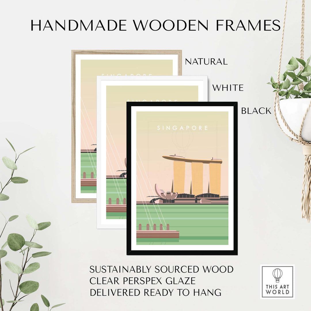 Handmade wooden frames for Singapore poster print in natural, white, and black finishes, featuring sustainable materials.