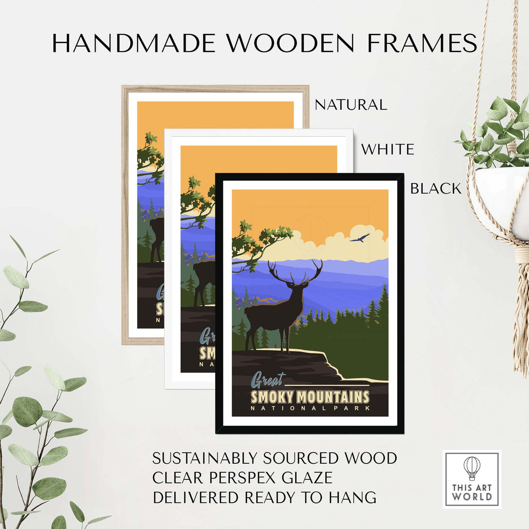Handmade wooden frames in natural, white, and black for Smoky Mountains National Park poster, sustainably sourced and ready to hang.