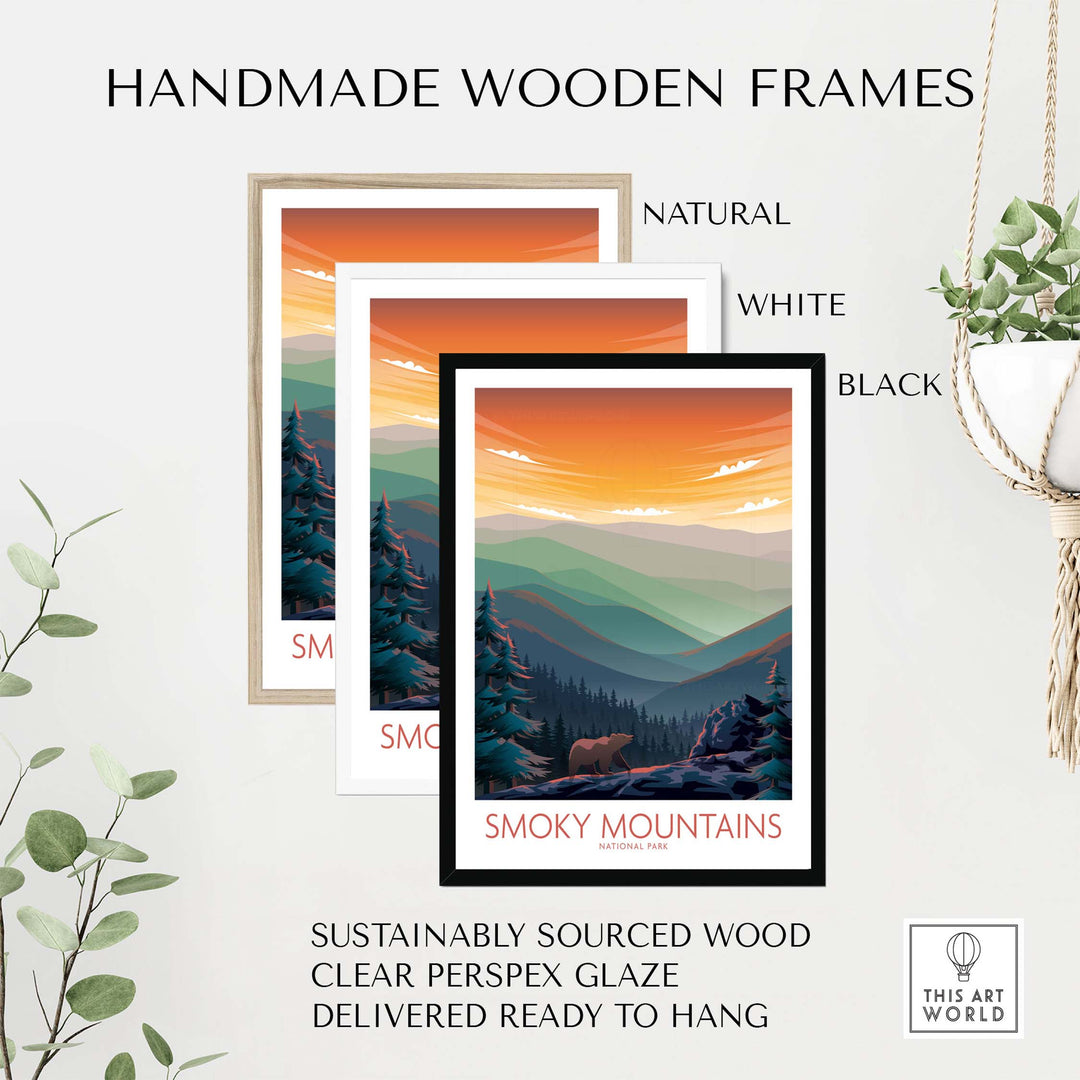 Three handmade wooden frames for Smoky Mountains wall art in natural, white, and black colors with clear perspex glaze.