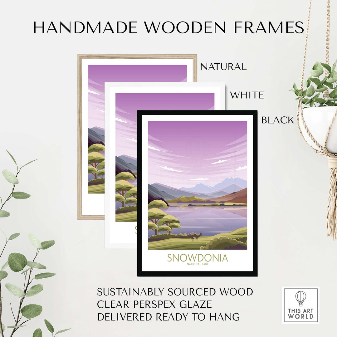 Three handmade wooden frames in natural, white, and black, showcasing the Snowdonia poster artwork.