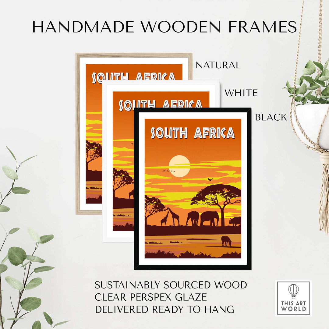 Handmade wooden frames for South Africa poster in natural, white, and black, featuring sustainable materials and ready to hang design.
