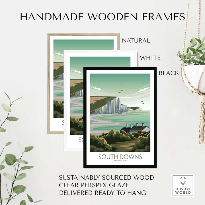Handmade wooden frames for South Downs poster in natural, white, and black options, featuring sustainable design.