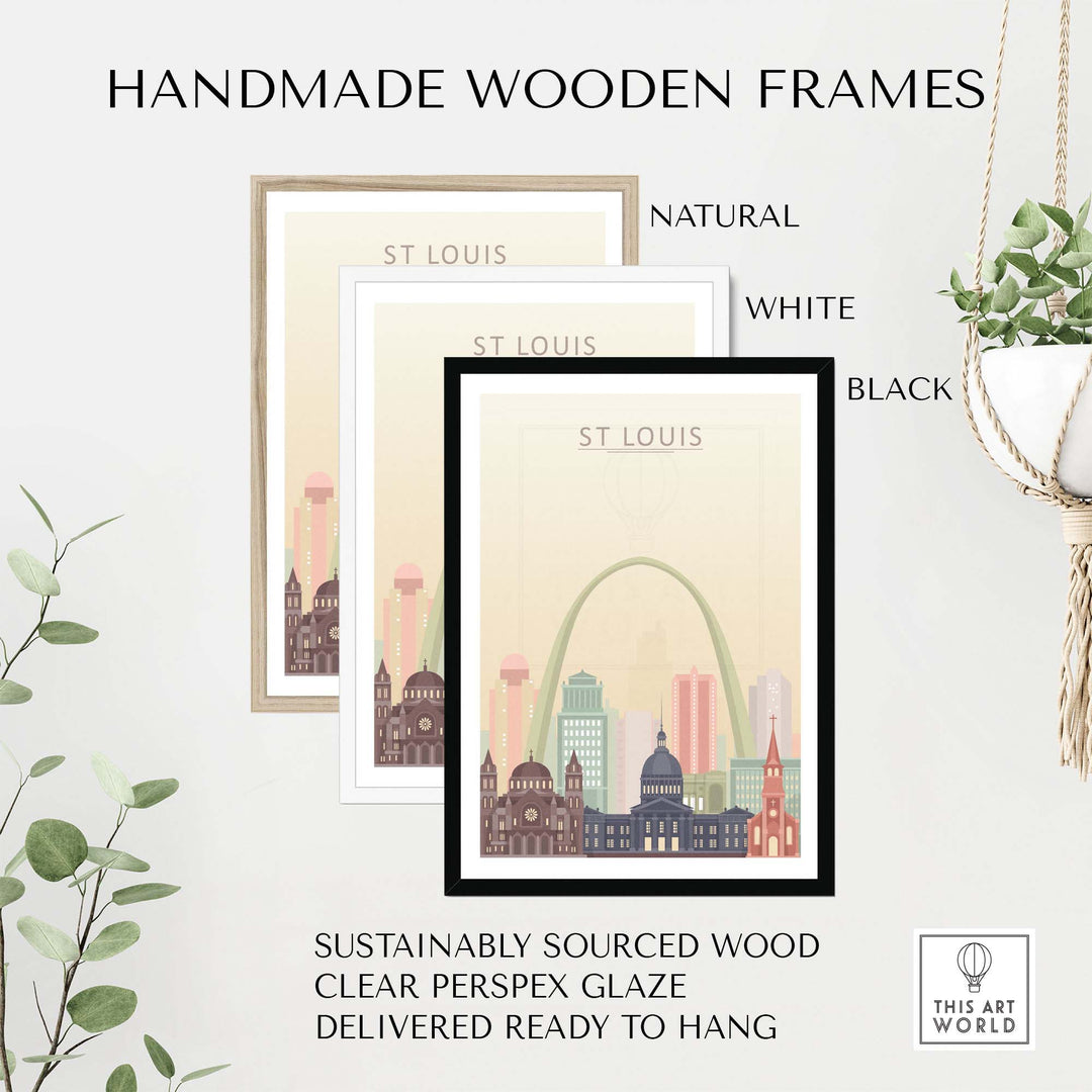 Handmade wooden frames for St Louis City Skyline Wall Art in natural, white, and black colors.