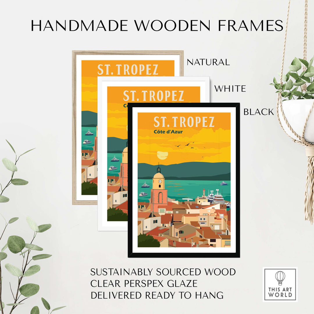 Handmade wooden frames for St Tropez France print, featuring natural, white, and black options, sustainably sourced.