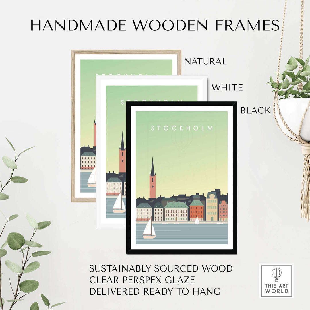 Handmade wooden frames for Stockholm Print Wall Art, available in natural, white, and black finishes.