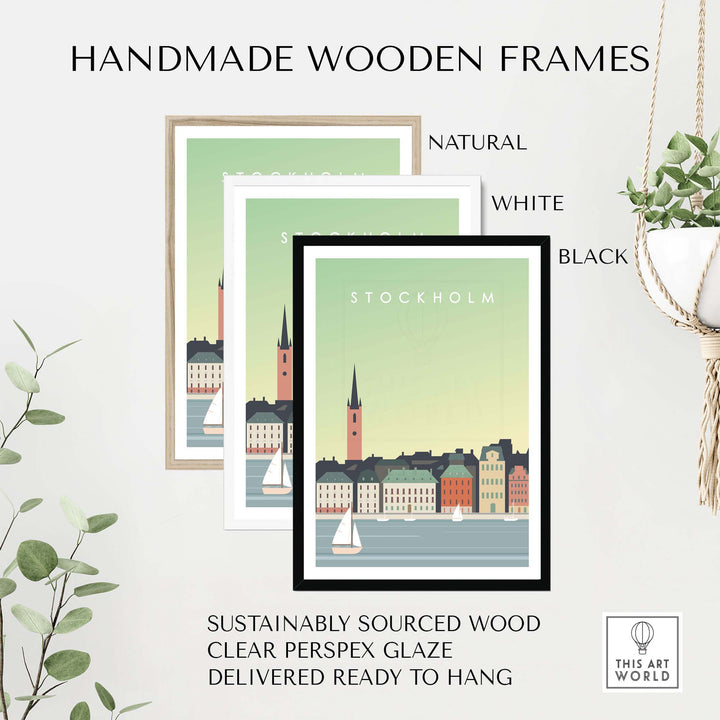 Handmade wooden frames for Stockholm Print Wall Art, available in natural, white, and black finishes.