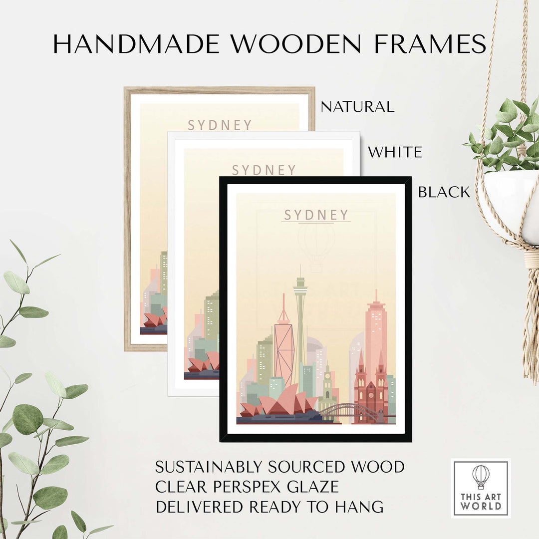 Handmade wooden frames for Sydney City Skyline print, available in natural, white, and black finishes.