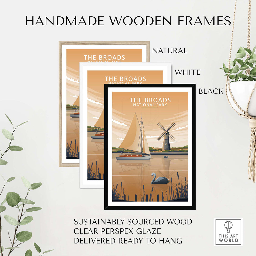 Handmade wooden frames for The Broads National Park poster in natural, white, and black finishes.