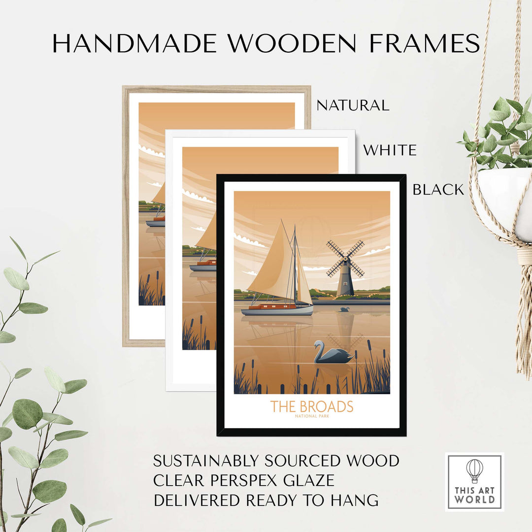 The Broads National Park art print showing handmade wooden frames in natural, white, and black options.