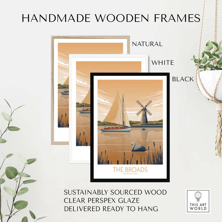 The Broads National Park art print showing handmade wooden frames in natural, white, and black options.
