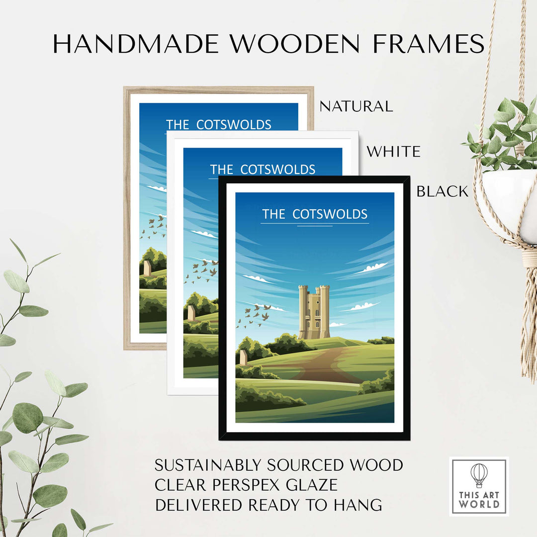 Handmade wooden frames for The Cotswolds Poster in natural, white, and black finishes, sustainably sourced and ready to hang.