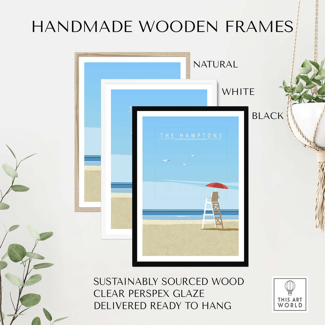 Handmade wooden frames for The Hamptons Print, featuring natural, white, and black options, sustainably sourced wood.